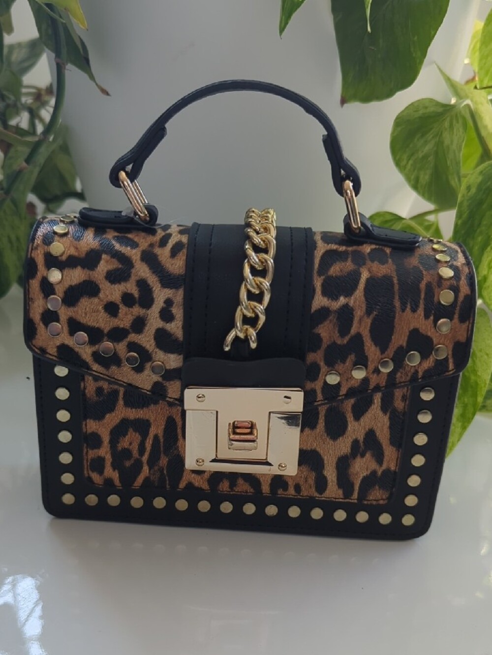 Leopard Print Mini Top-Handle Bag with Gold Hardware
